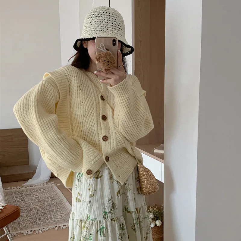 

Solid Cardigans Loose Vintage Women Coats Vintage Top O Neck 2023 New Korean Style Autumn Winter Short Sweater Knitted Jackets