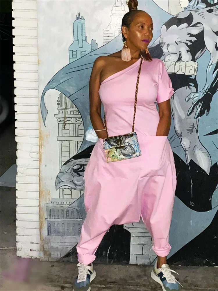 Wmstar Women Jumpsuit Summer Fashion New Solid Color Slanted Shoulder Wide Leg Pants Loose Fitting Holiday Party Ladies Suits