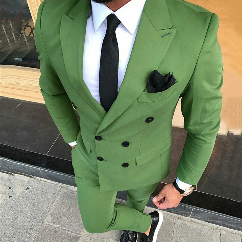 

2023 Men Double Breasted Suit Olive Green Wedding Groom Tuxedo For Men Suit Prom Best Man Wear Blazer 2 Piece (Blazer+Pants)