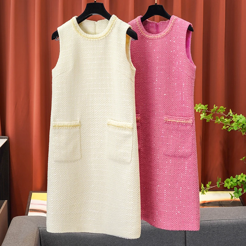 

French Style Celebrity Sequins Straight Thin Sleeveless Undershirt Dress 2023 Autumn Winter New Solid Color Simple Short Skirt