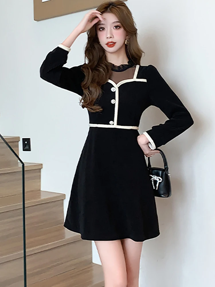 

Autumn Winter Black Corduroy Patchwork Mesh Sexy Mini Dress Women Fashion Ruffled Collar Dress 2023 Korean Bodycon Kawaii Dress