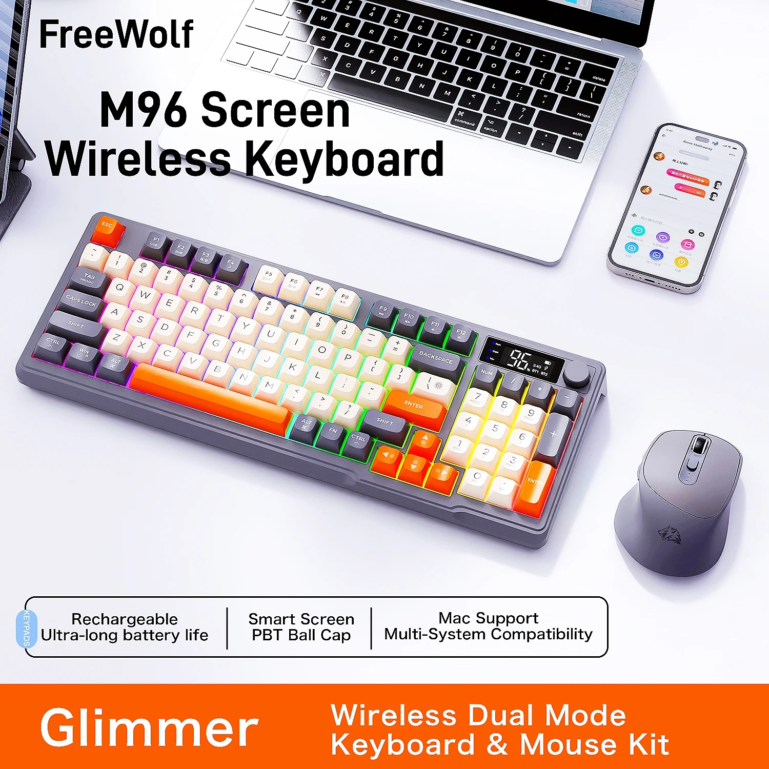 M96 screen wireless keyboard mouse kit with media knob ziyoulang