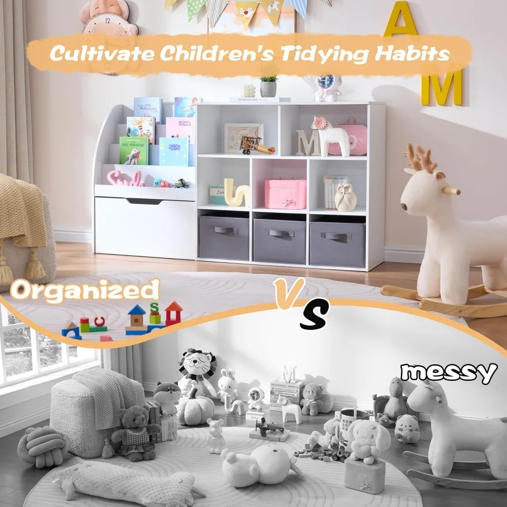 58.5'' Kids Bookshelf Toy Storage Organizer with Movable Drawer & Bins, White Playroom Bedroom Furniture