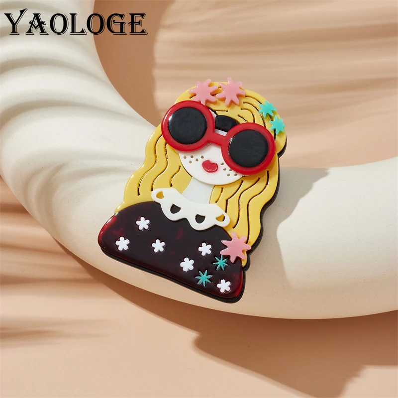 

YAOLOGE Acrylic Cartoon Girl With Large Glasses Flower Brooch Pin For Women Character Badge Accessory Fashion Jewelry Party Gift