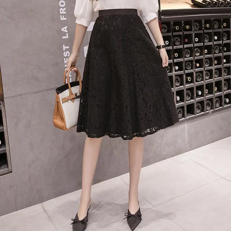 Elegant Solid Fashion Hollow Out Lace Skirt Korean All-match Elastic High Waist Simplicity A-Line Skirts Summer Women's Clothing