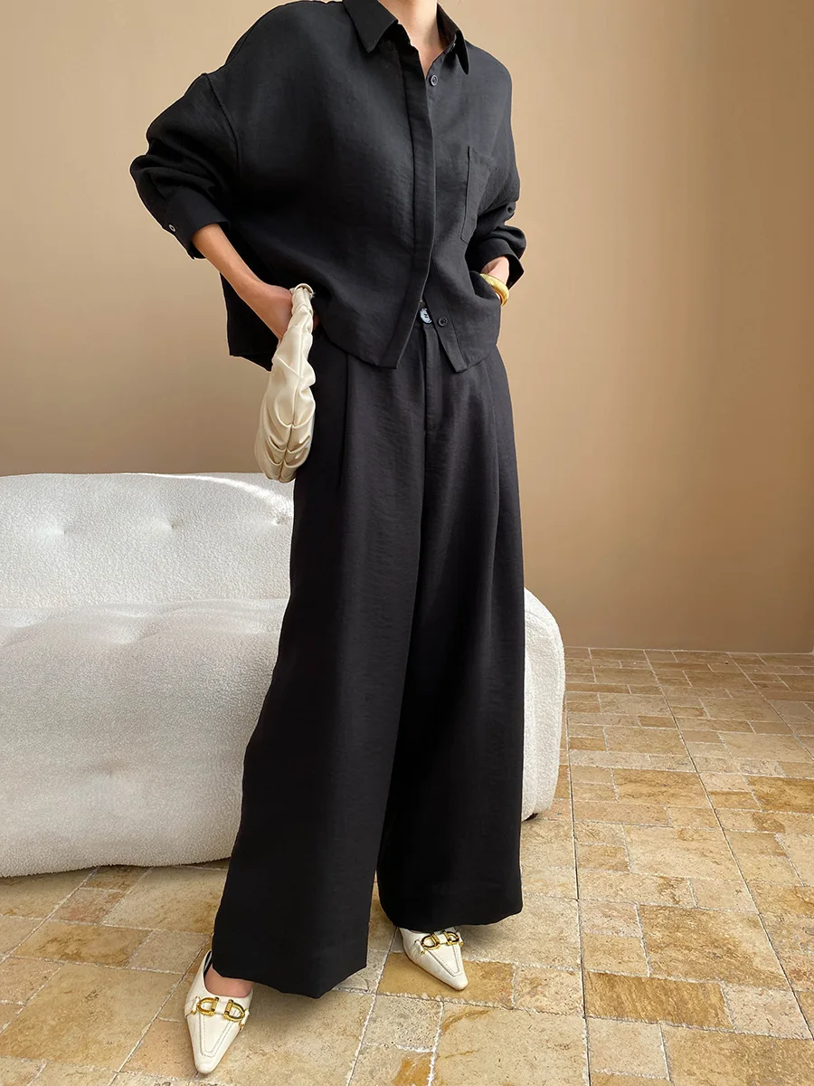 Spring and Autumn Women's Casual Solid Color Collar Long Sleeve Pocket Decoration Loose Shirt+High Waist Wide Leg Pants Set 5