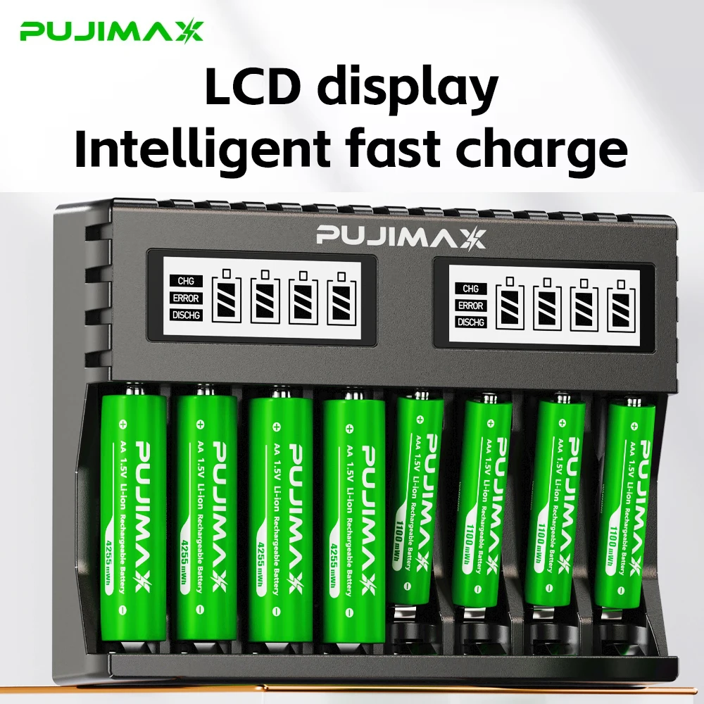 PUJIMAX 1.5V Rechargeable Lithium Battery 4255mWh 1100mWh Large Capacity Li-ion Battery With 8-slot 1.5V Li-ion Charger