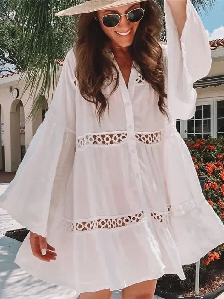 Women Swimsuit Cover Ups Mandarin Sleeve Kaftan Beach Tunic Dress Robe De Plage Solid White Pareo Beach Cover-ups  #Q429 - 6