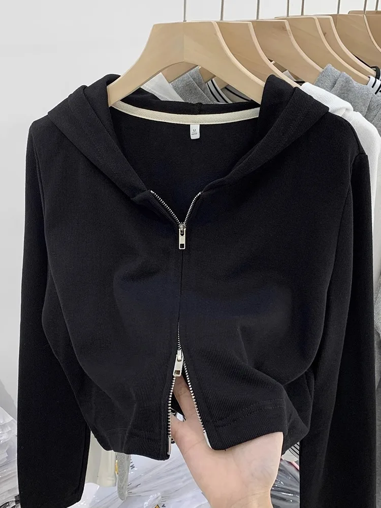 Women's Knitted Hat Jacket Double Zipper Design Short Style Spring Autumn Fashion Elastic Fiber Long Sleeve  Color Top - 3
