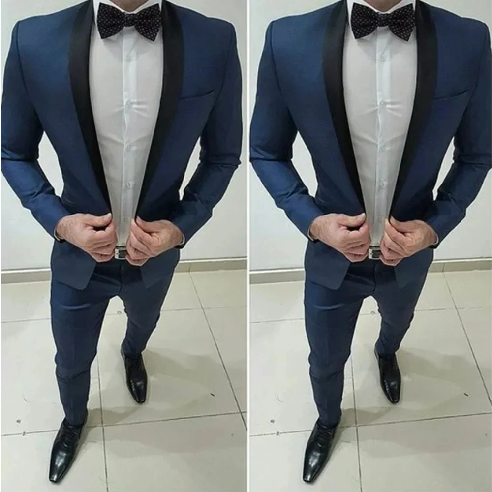 Dark Bule Groom Tuxedos Shawl Lapel One Button Men Suits For Wedding Prom Best Man Blazer (Jacket+Pants)