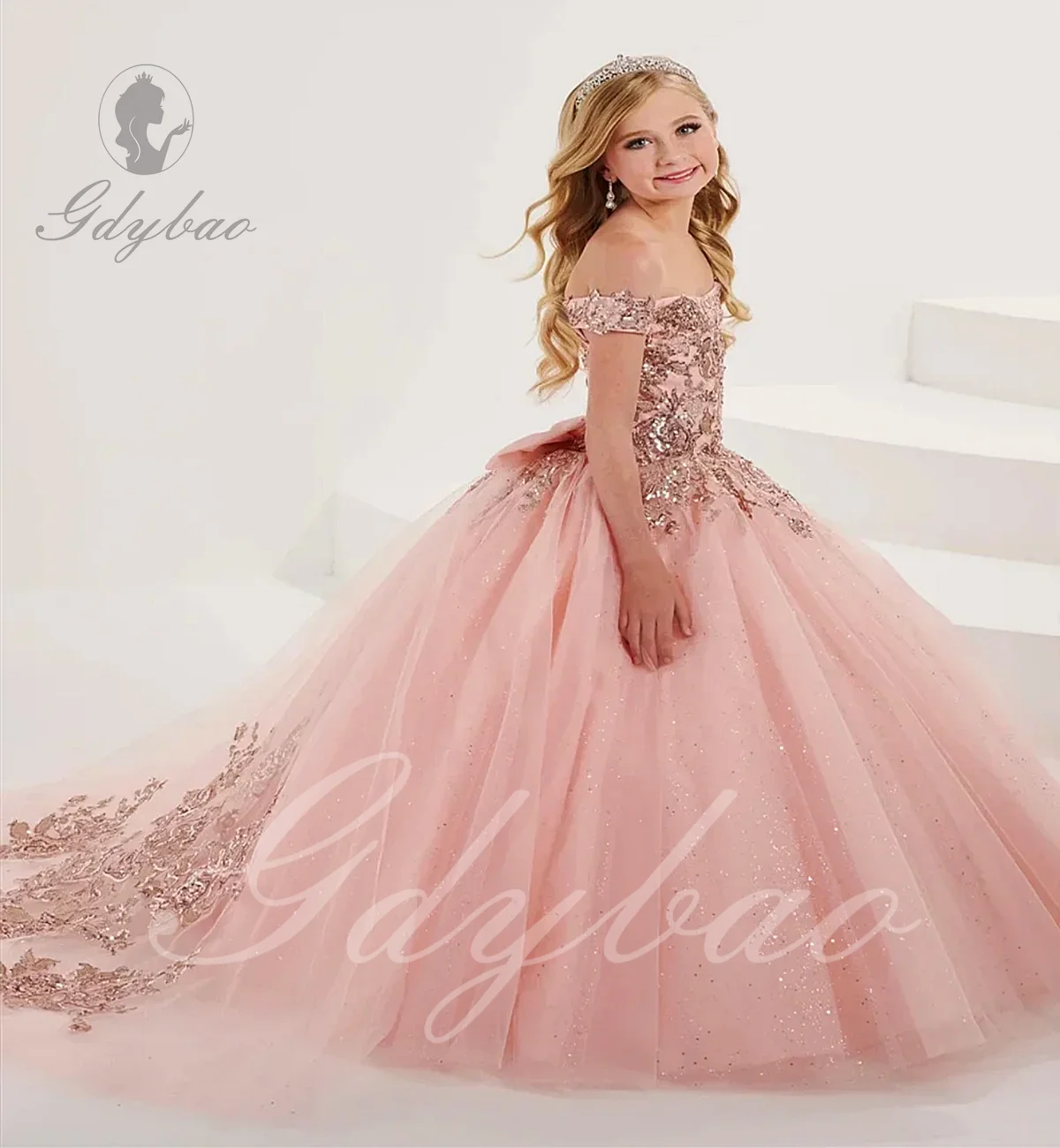 

Flower Girl Dresses Applique for Wedding Lace Tulle Sequin Puffy Flat Collar Elegant Kids First Holy Communion Ball Gown