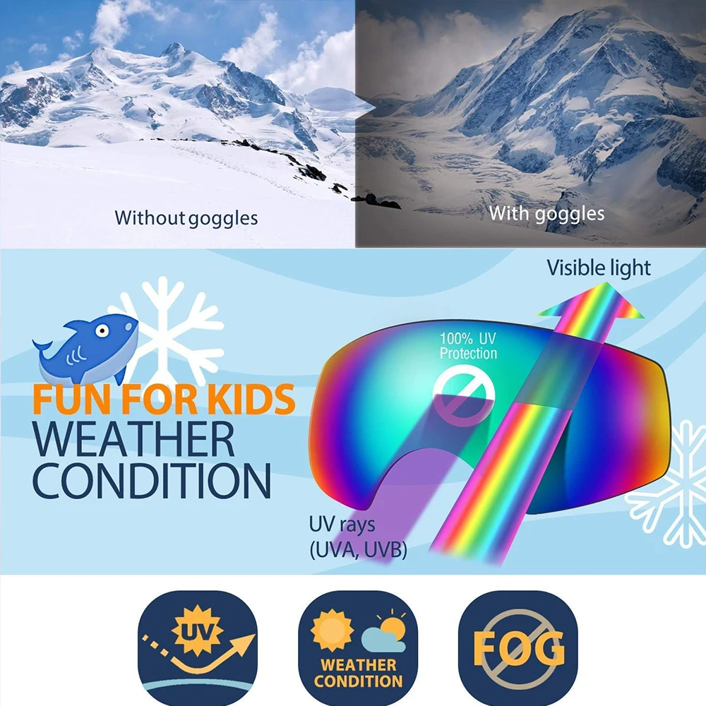 Kids Ski Goggles Snowboard Goggles Youth Snow Goggles Double Layer UV400 Toddler age 4-14 Anti-fog Eyewear Snow Sports Goggles 4