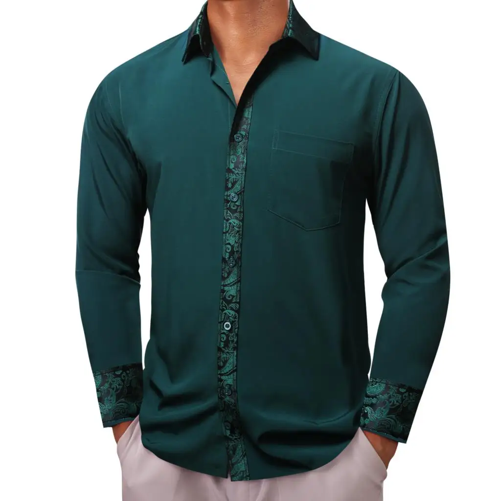 

Designer Shirts for Men Silk Green Solid Plain Paisley Patch Long Sleeve Slim Fit Male Blouses Casual Tops Barry Wang