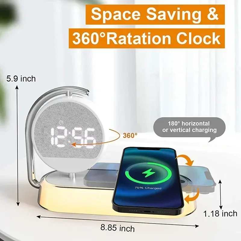 Description Picture 4 of itemLED Night Light 3 Lights 360° Rotate Clock Alarm Clock Desktop Mobile Phone Wireless Charger for Bedroom Smart Phones Room Decor