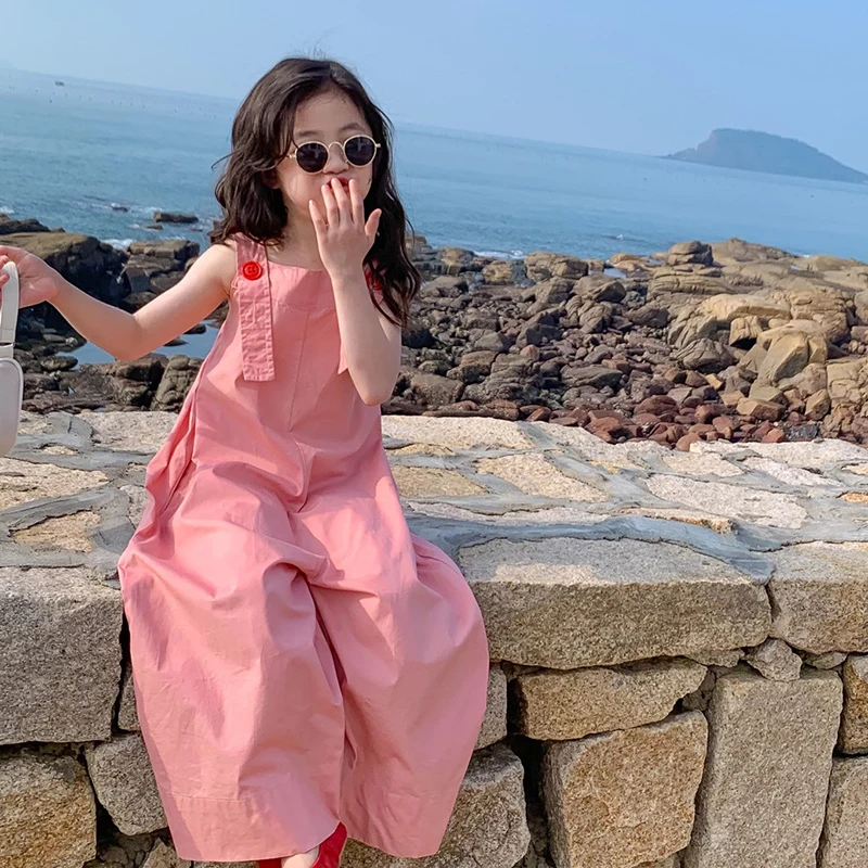 Children Clothes Girls 100% Cotton Sweet Solid Loose Overalls Chic Korean Style Outdoor Casual Harem Pants Kids Jumpsuit 3-8Y children overalls pants kids outfits