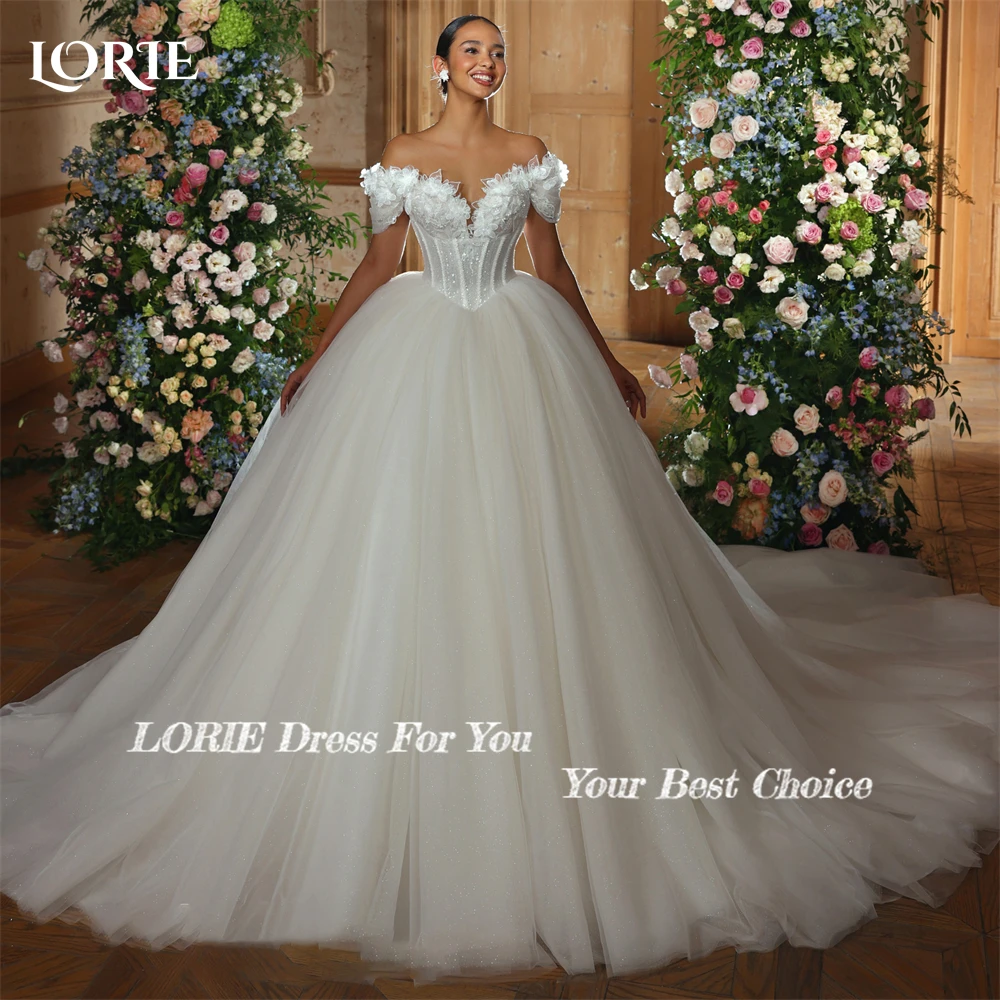 LORIE Vintage Glitter Lace Wedding Dress Ball V-Neck Applique Sparkly 3D Flower Bridal Gown Princess Ball Bride Dress Customized 10 S9228efd4fd23482dbc86e7e90df861b1a