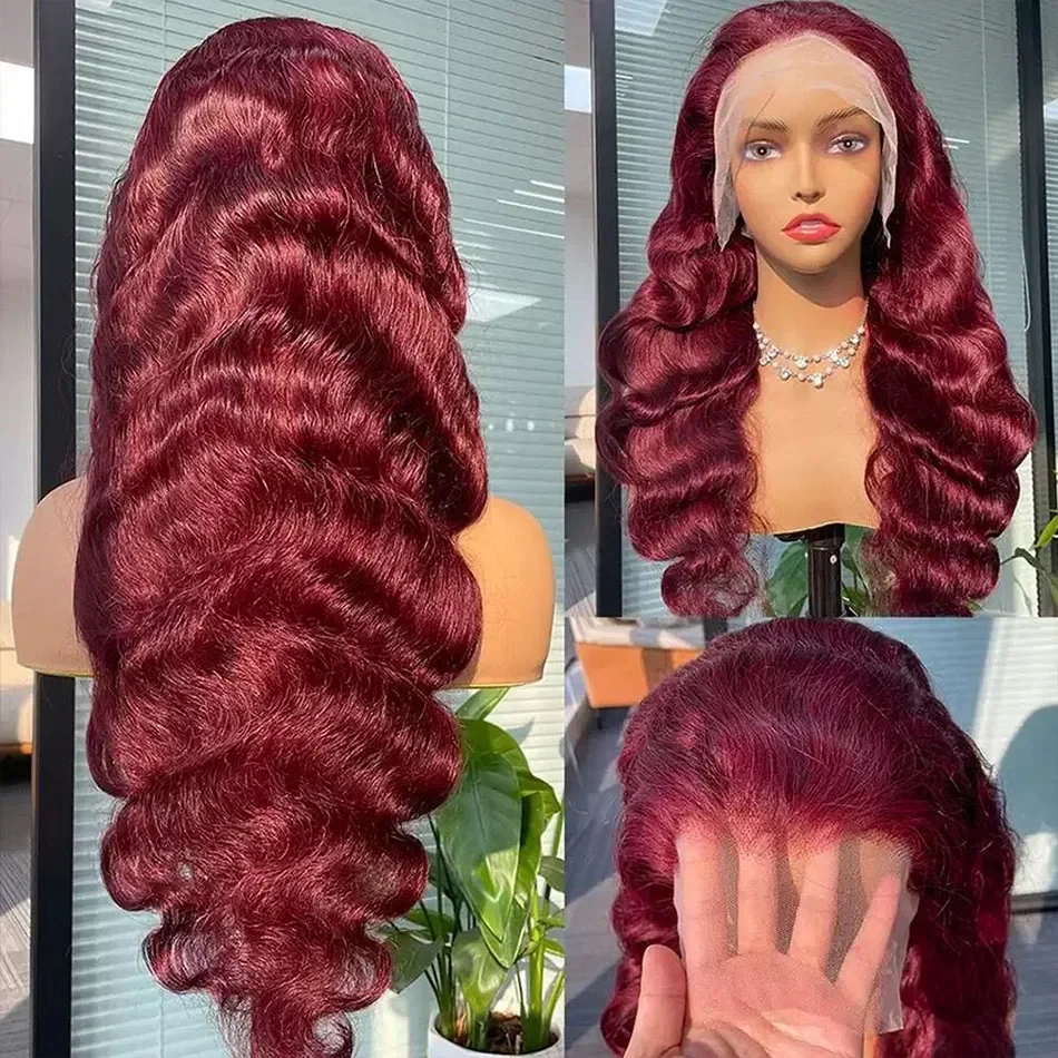 200% Body Wave Wig Burgundy 99J Lace Front Wig 13x4 13x6 HD Lace Frontal Wig Human Hair Pre Plucked 99j Red Colored Wig