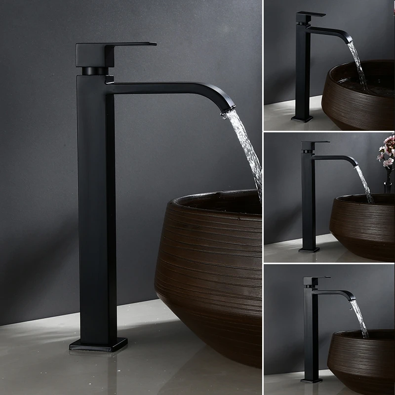 

Matt Black Bathroom Basin Faucet Stainless Steel Waterfall Tall Sink Vessel Tap Single Cold Water Deck Mount Lavotory Faucets