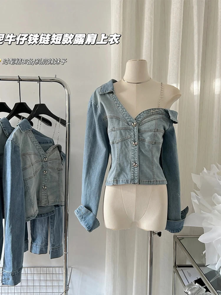 

Retro Wash Blue Color Women Denim Shirt Skew Collar Long Sleeve Design Blouses Female Chain Decoration Off Shoulder Streetwear