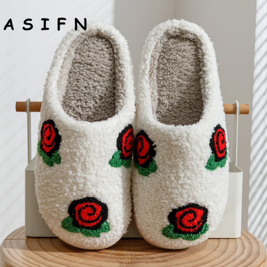 ASIFN Women's Slippers Valentine's Day Rose Embroidery Fuzzy Romantic Love Comfy Flat Shoes Girl Valentine Gift Winter Home