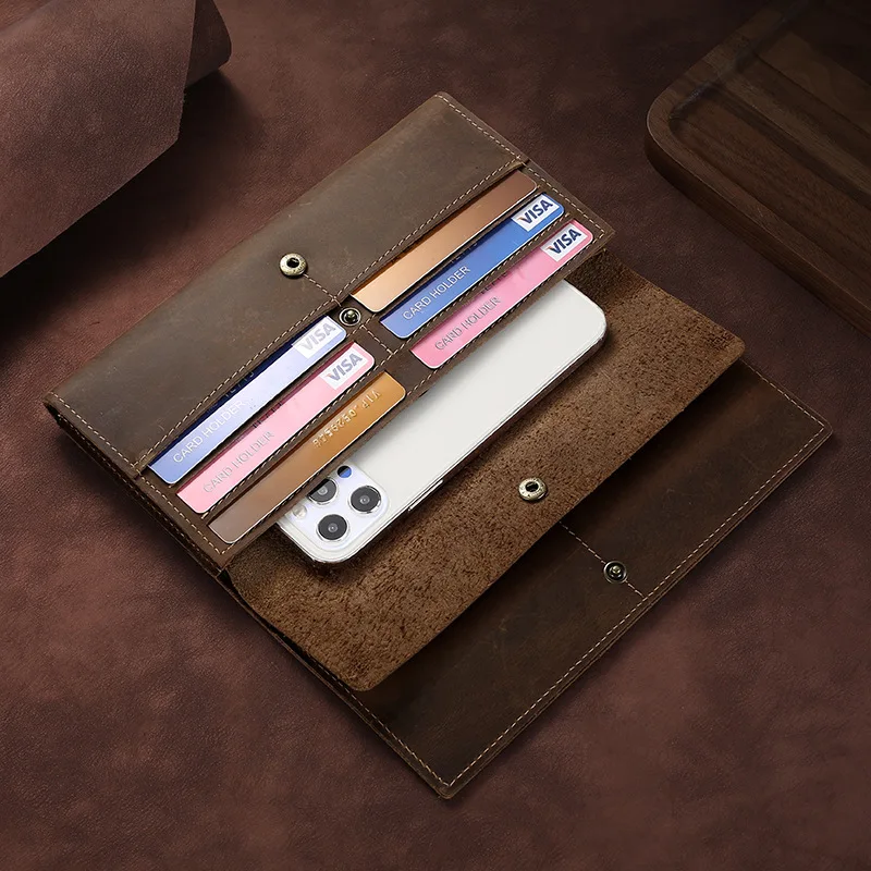 Retro Crazy Horse Leather Long Triple Fold Wallet Can Hold Mobile Phone Leather Holding Men's Card Bag Multi-card Simple Clutch