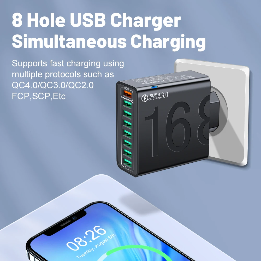 8 Ports 2.4A Fast USB Charger QC 3.0 Quick Charger Fast Charging Wall USB Charger Phone Adapter for iPhone Samsung Xiaomi Travel
