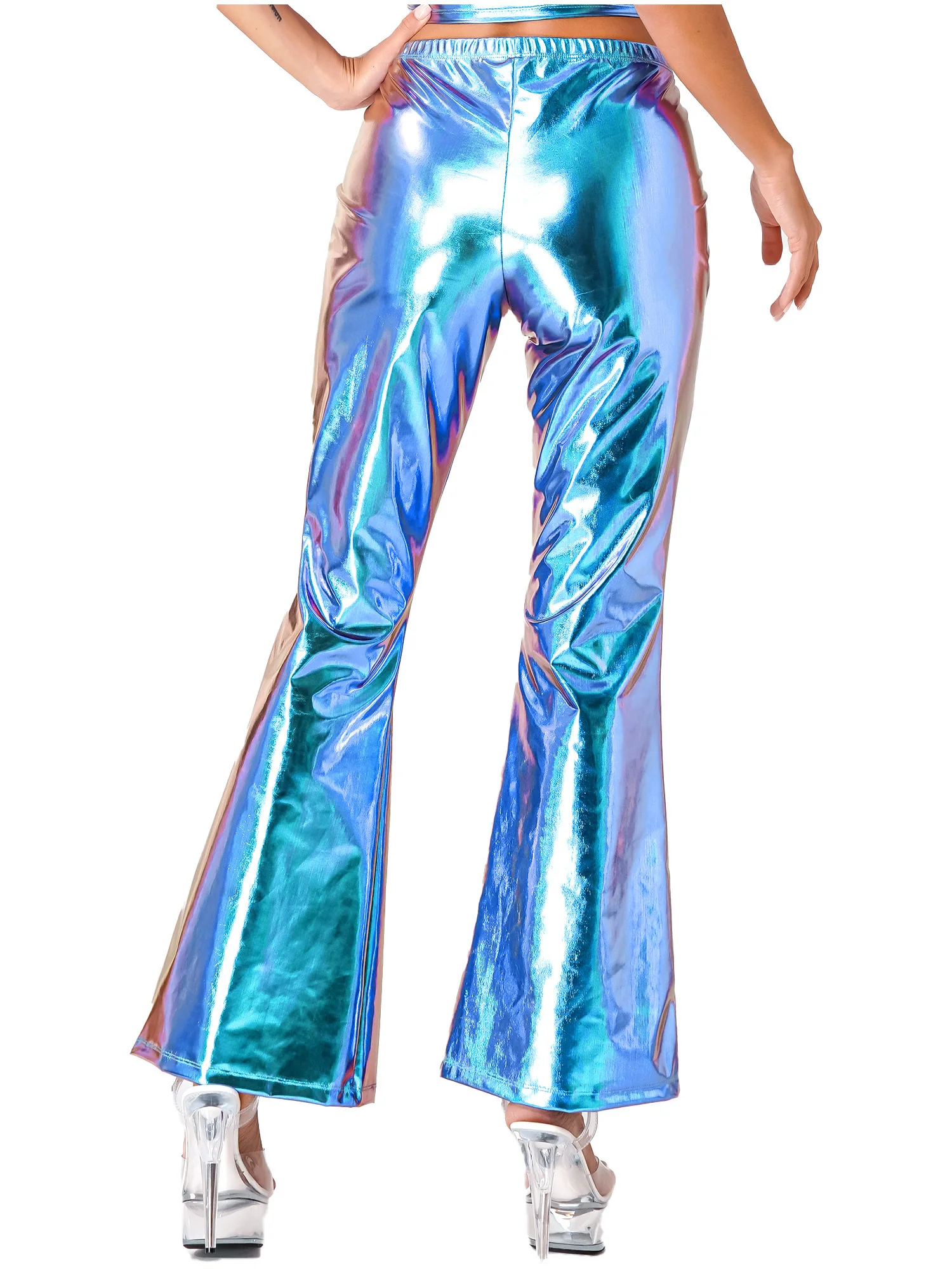 

Womens Elastic Waistband Bell Bottom Flared Trousers Mid Waist Shiny Metallic Disco Pants for Dancing Party Music Festival Club