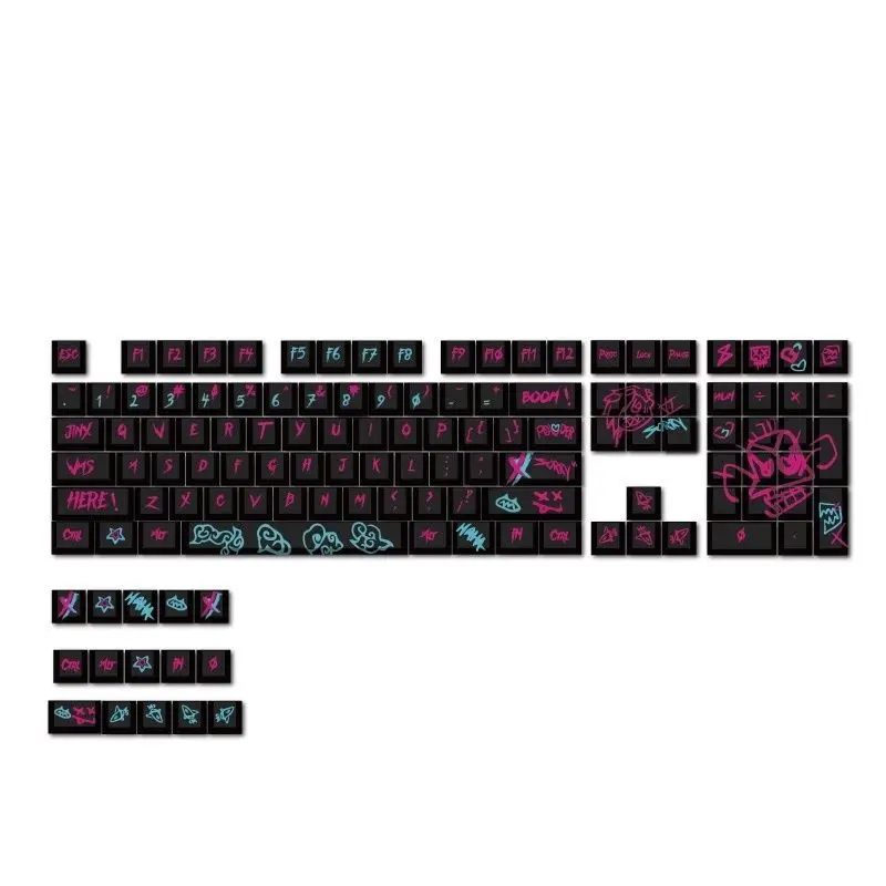 Lol Game Character Jinx Keycap Cereja Pbt 123 Chaves Teclado Mecânico Graffiti Cinco Lados Sublimação Térmica Diy - Imagem 4