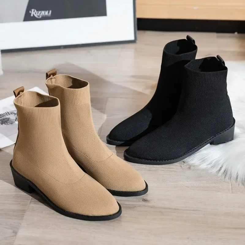 2023 Ankle Boots for Women Autumn Fashion Pointed Toe Women's Boots Comfort Low Heel Elastic Fabric Socks Boots Zapatos De Mujer
