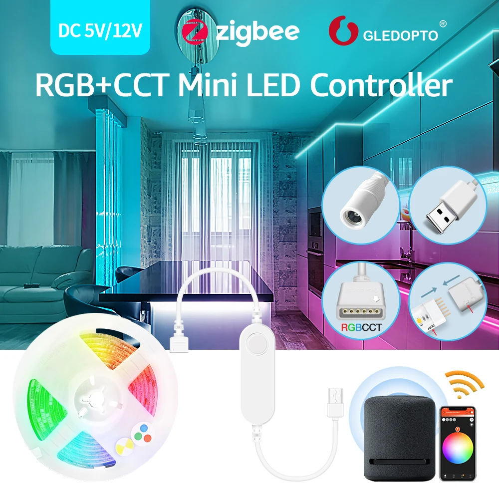 Gledopto Zigbee 3.0 Mini LED Controller USB 5V DC 12V RGBCCT Light Strip Control Tuya Alexa Conbee Homey SmartThings ZigBee2mqtt