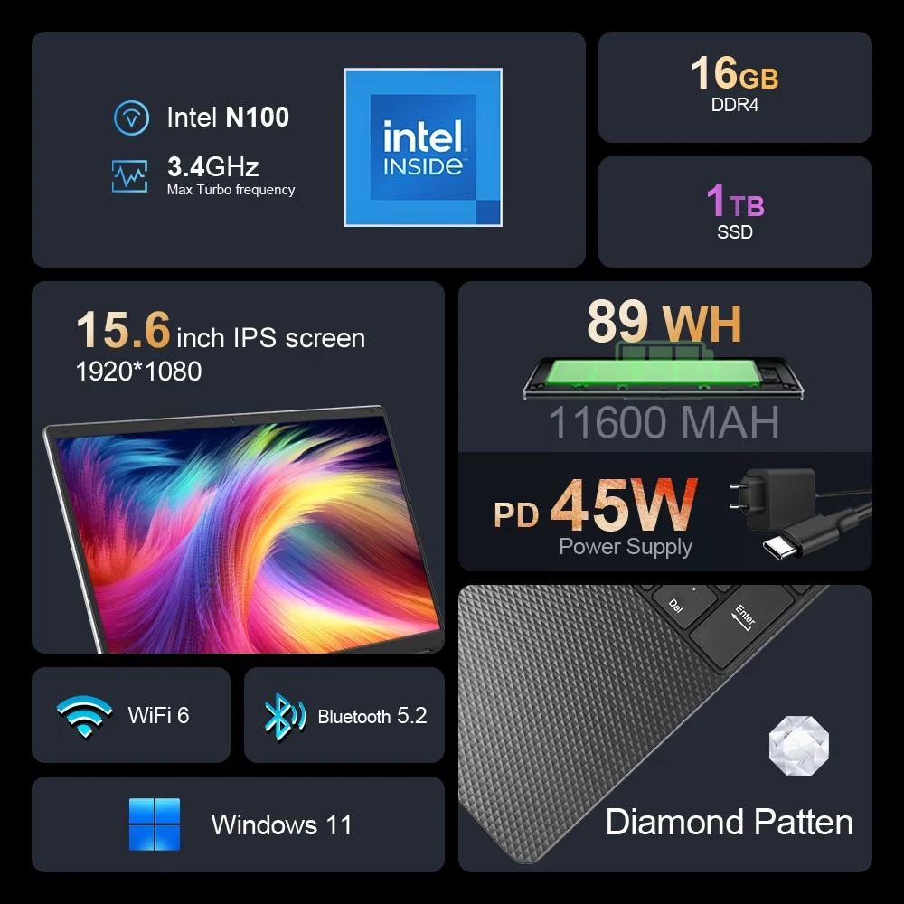 Ninkear N15 PLUS Laptop Intel 12th N100 WiFi 6 15.6-inch FHD IPS 16GB DDR4+1TB SSD Backlit Keyboard Fingerprint Reader Notebook 2