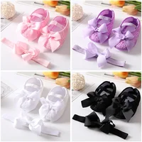 Soft Sole Flower Newborn Baby Girl Christening Shoes Headband Set 2021 Lovely Princess Lace Bowknot Infant Non Slip First Walker 1