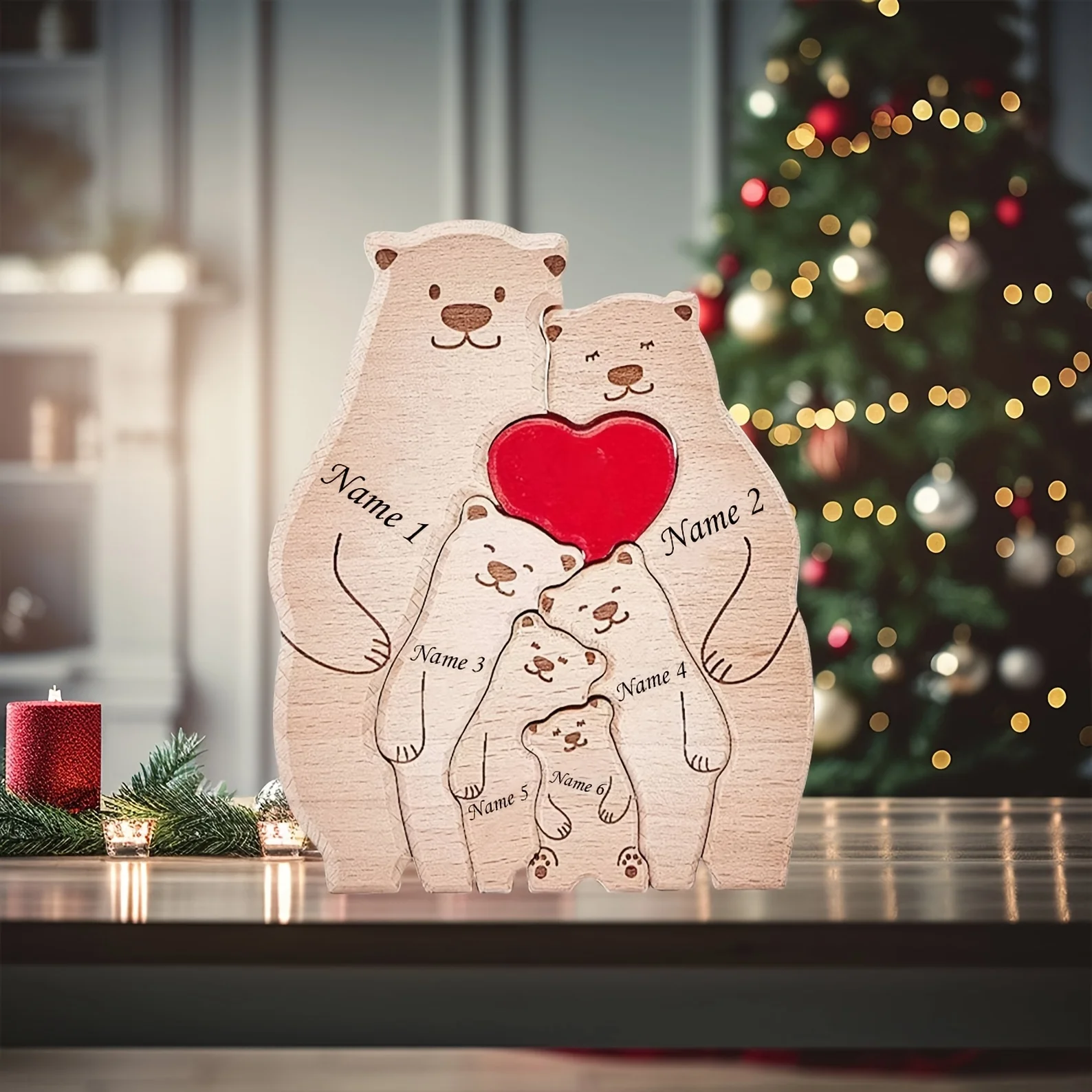 Customized Rustic Wooden Bear Puzzle Décor with Family Names