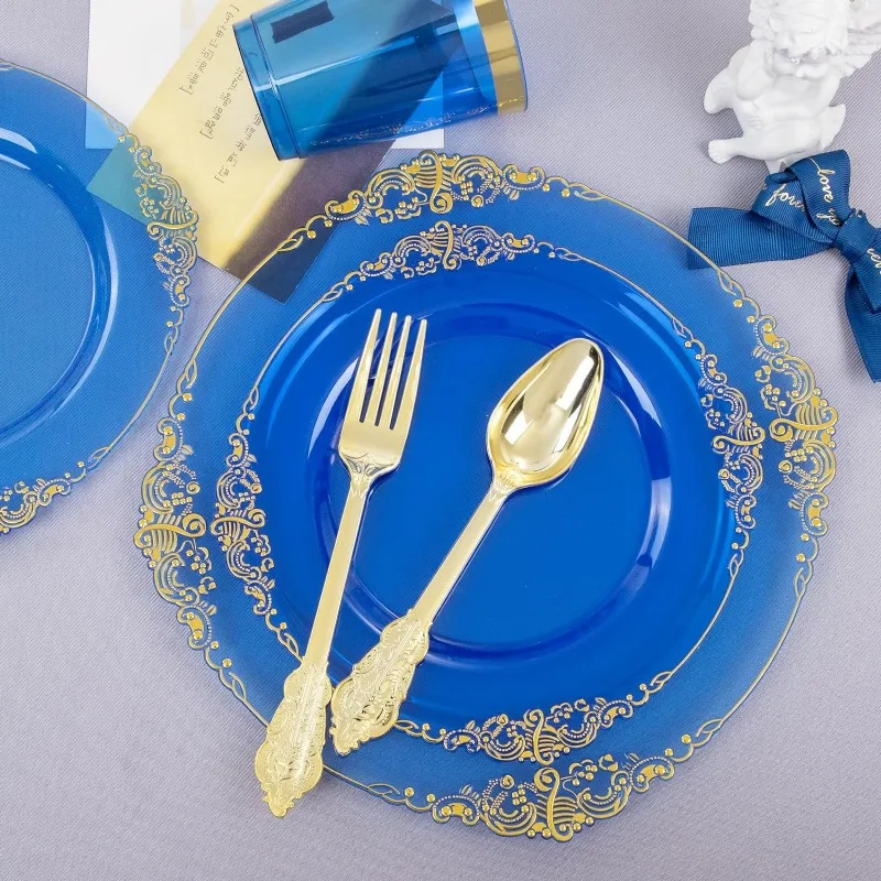 Description Picture 5 of item350PCS Blue Plastic Plates - Blue Plastic Dinnerware Sets for 50 Guests - 100 Blue Disposable Party Plates