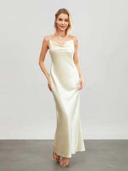 Women Long Bodycon Dress Solid Color Spaghetti Strap Cowl Neck Sleeveless Dress Summer Backless Cami Dress 2