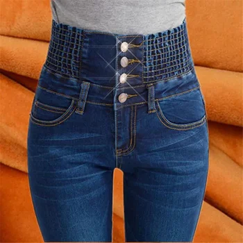 2025 Autumn Winter New Oversized Single breasted High waisted Elastic Jeans Women's Slim Skinny Pencil Pants Velvet Warm Pants 1