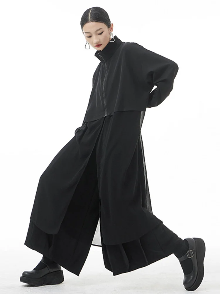 

Women Black Irregular Long Big Size Trench New Stand Collar Long Sleeve Windbreaker Fashion Spring Autumn O209