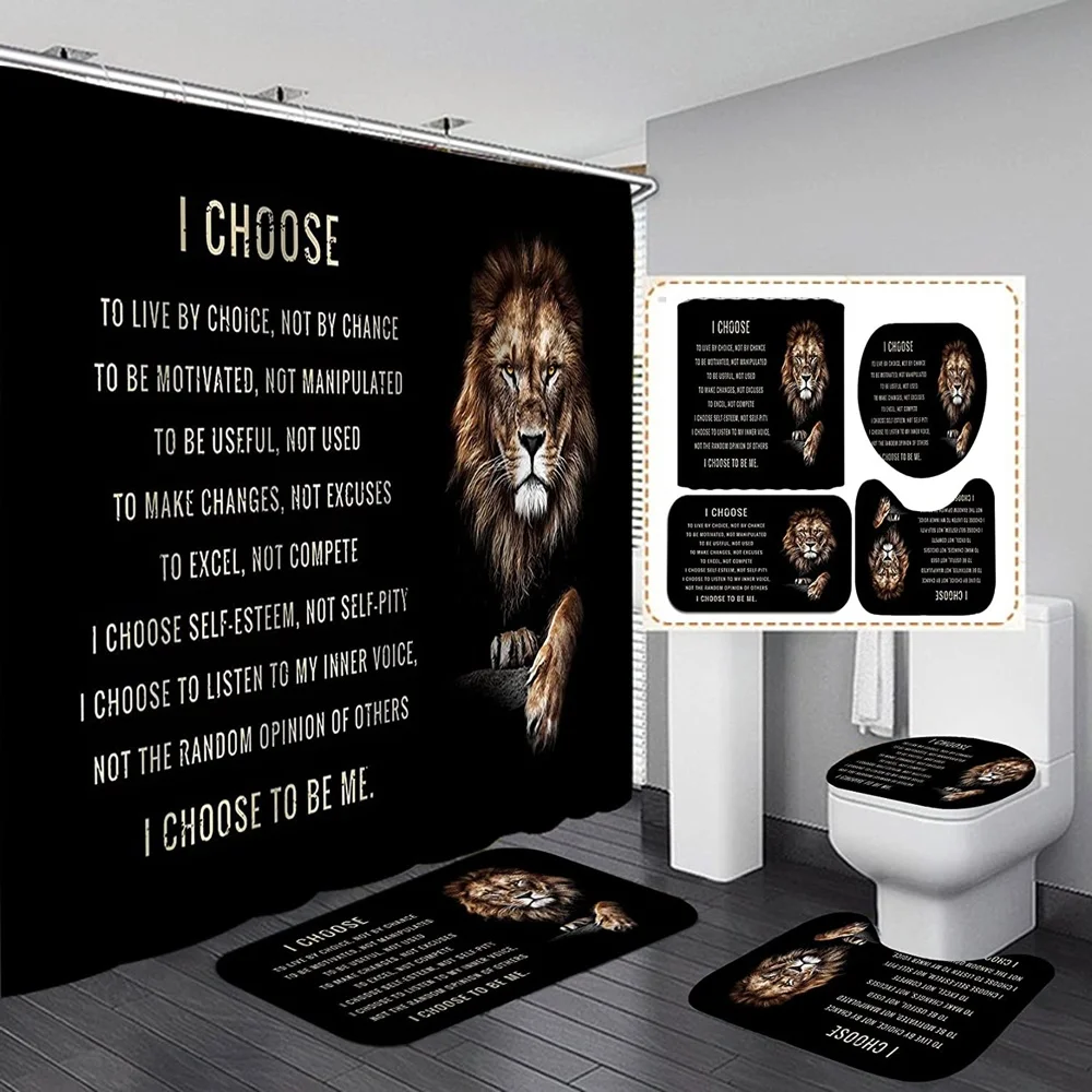 Black Wild Animal Shower Curtain Majestic Lion King Motivational Quote Bathroom Curtain Non-Slip Bath Mat Rug Toilet Cover Decor