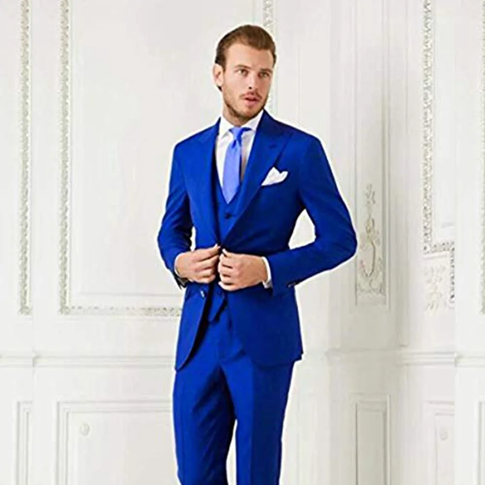 Blue Men's 3 Pieces Fashion Suits Slim Fit Groomsmen Tuxedos Formal Wedding/Business Men Suits Jacket+Vest+Trousers for Party