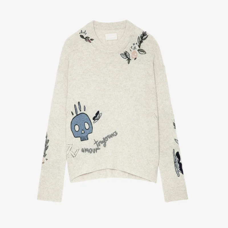 

Zadig Khaki Sweater Women Cashmere Fashion Letter Print Pullovers Tops Female Crew Neck Vintage Jumper Long Sleeve Sweater Top