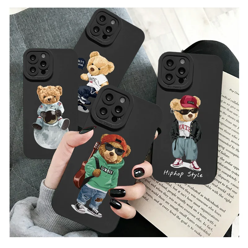 Fashion Cute Bear Soft Phone Case For iPhone 14 13 11 12 Pro Max XR X XS 7  8 Plus SE 2020 Black Back Covers Silicone Fundas - AliExpress