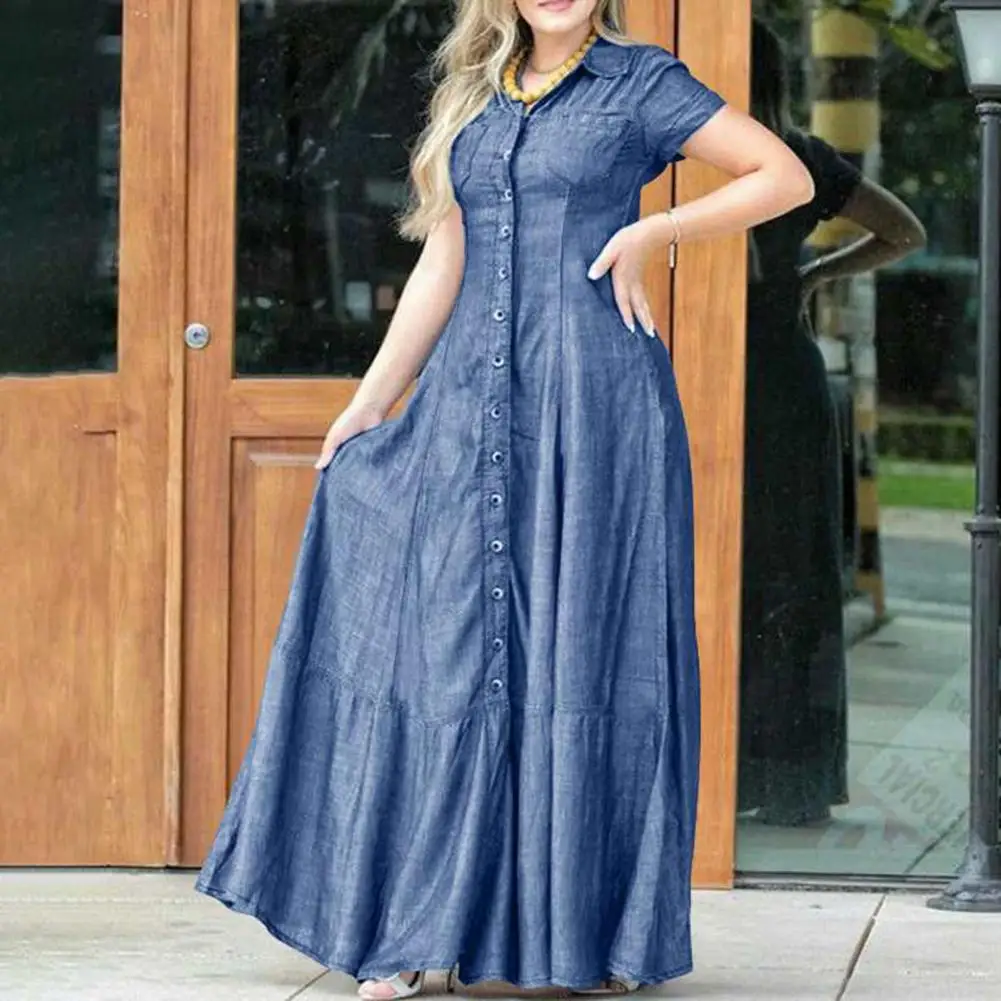 

Women Denim Dress Elegant Denim Dress with Ruffle Hem Patch Pockets for Women A-line High Waist Long Dress Solid Color A-line