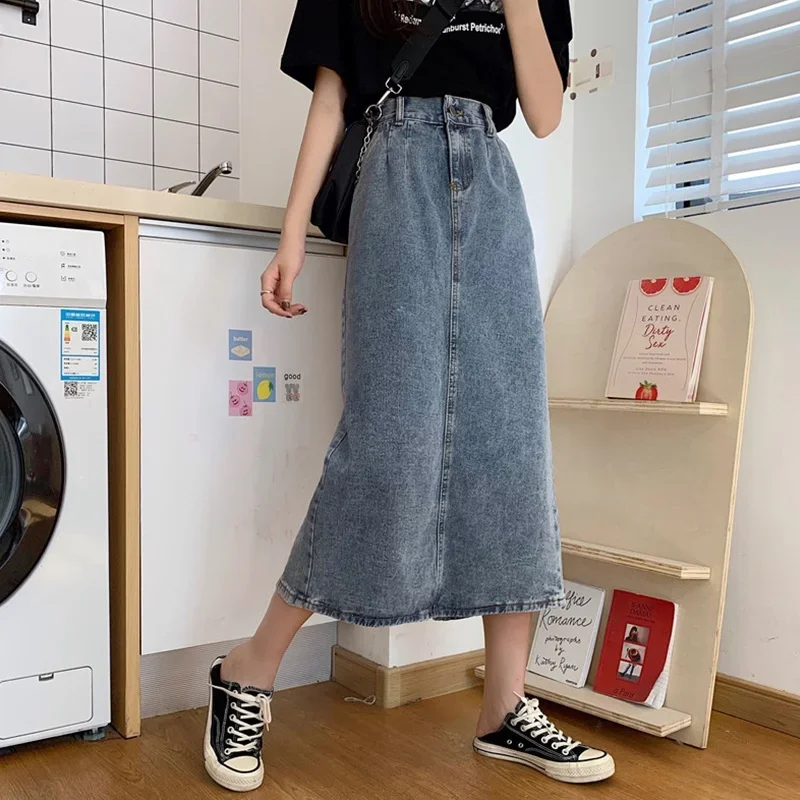 Large Size Skirt for Women 2023 Spring and Summer New Split Denim Skirt for Plump Girls High Waist All-Match A- line Skirt Mid-L