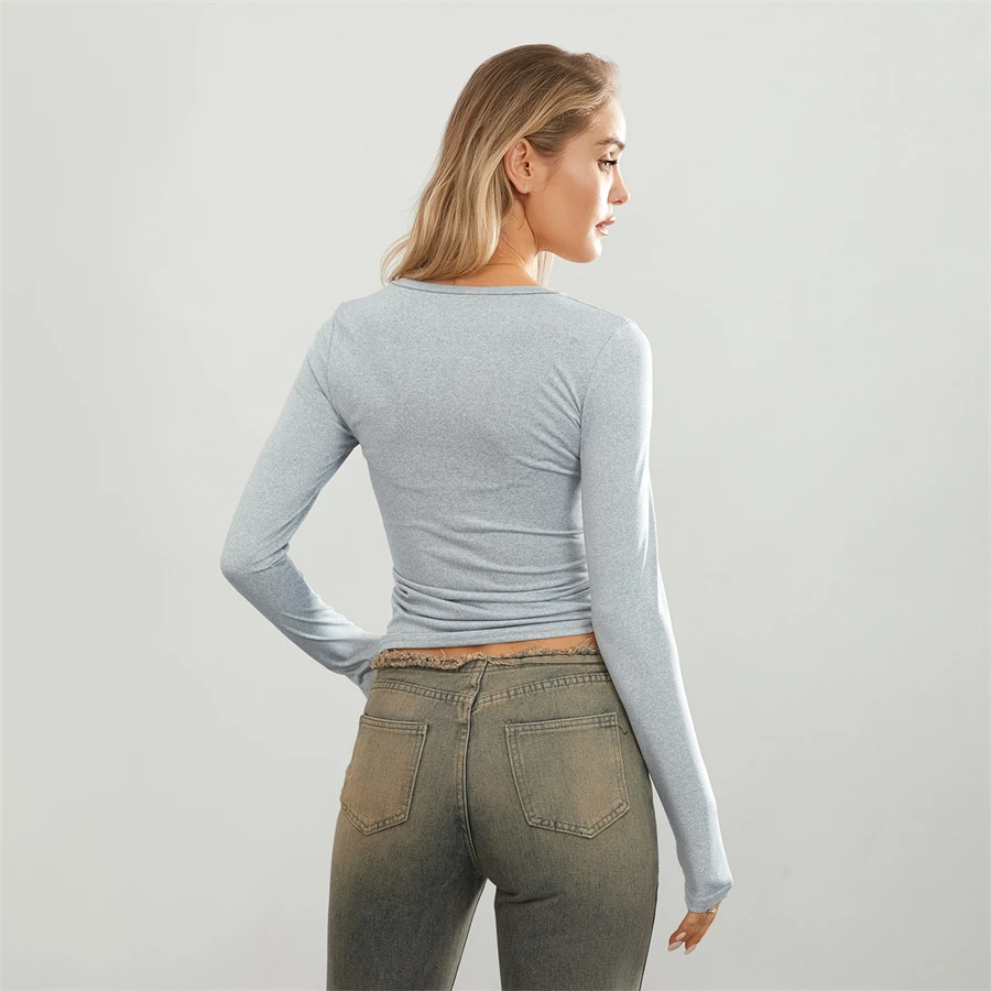 Camisetas básicas de Color liso para mujer, camisetas informales de manga larga, jerséis ajustados para otoño y primaver