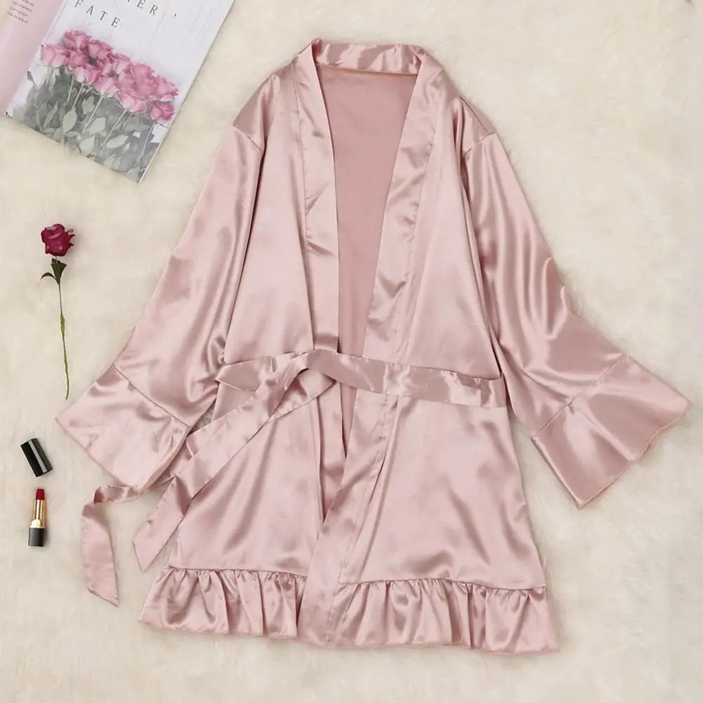 Women Pajamas Cardigan Silky Above Knee Long Sleeves Sleeping Robes Satin Tight Waist Lace Up Lady Sleeping Gown For Bedroom,women dress,women sleepwear,silk robe,sleepwear pajamas