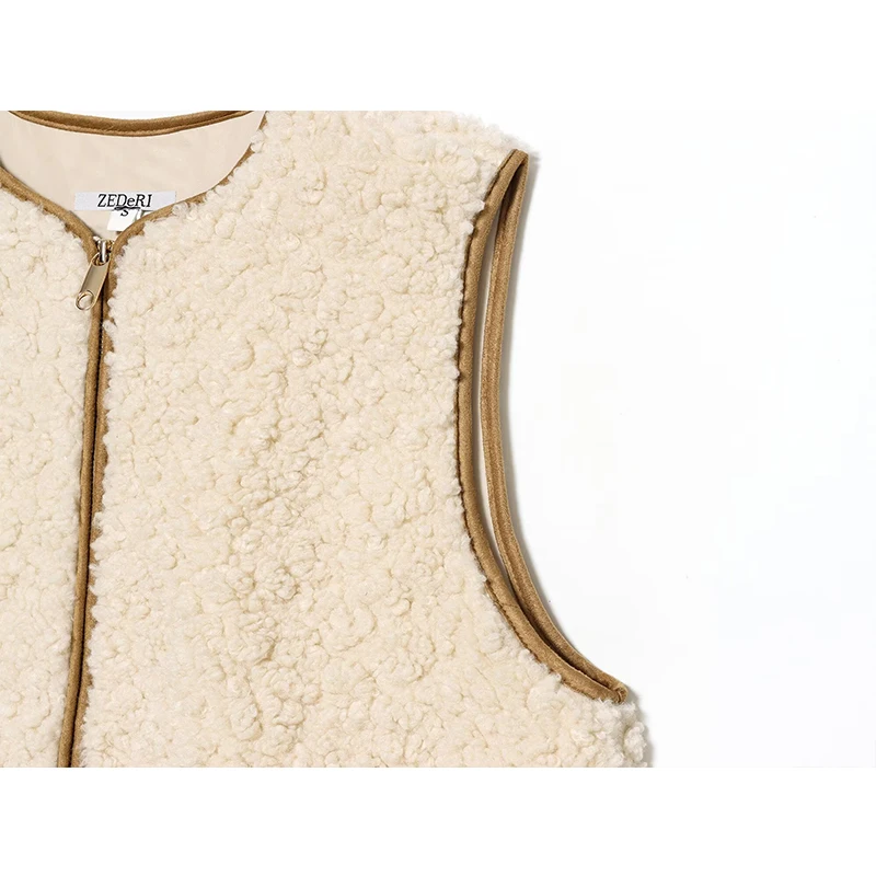 Chic Fashion Lamb Fleece Vest Woman Adjustable Waist Tied Vests For Women Sleeveless Jacket Zipper Waistcoat Vintage Crop Top ﻿