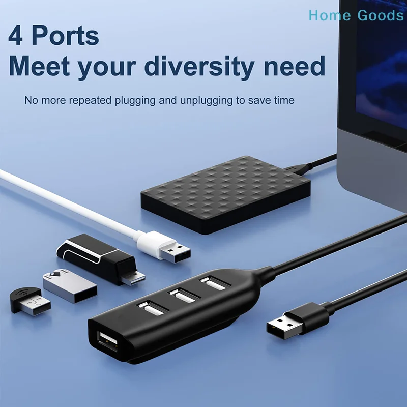 4포트 고속 USB 허브 (케이블 포함) 미니 USB 분배기 허브 USB 2.0 허브 휴대용 어댑터 노트북/랩탑 겸용