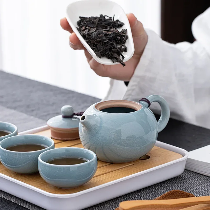 Ge Kiln Ceramic Tea Pot and Tea Cup Handmade Chinese Style Ice Crack Teapot Teacup Household Kung Fu Tea Set Chinese Tea Set
