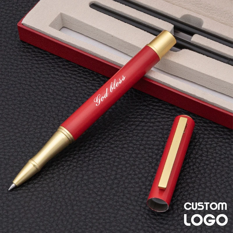 New High-end Chinese Red Metal Gel Pen Personalized Custom Logo Carving Name Double Refill Exquisite Gift Box Set Signature Pens