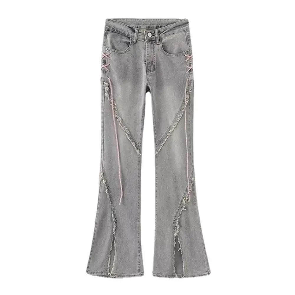 

Women Jeans Hip Hop Ripped Split Flared Hem Strap Decor High Waist Patchwork Long Trousers Streetwear